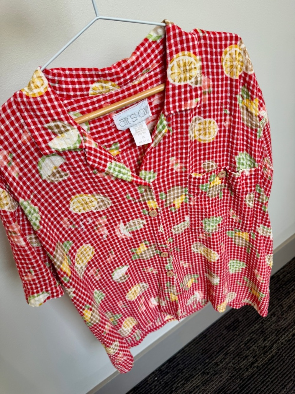 Vintage Red Gingham Fruit Print Button Up Top Size L/XL USA - Picture 5 of 8